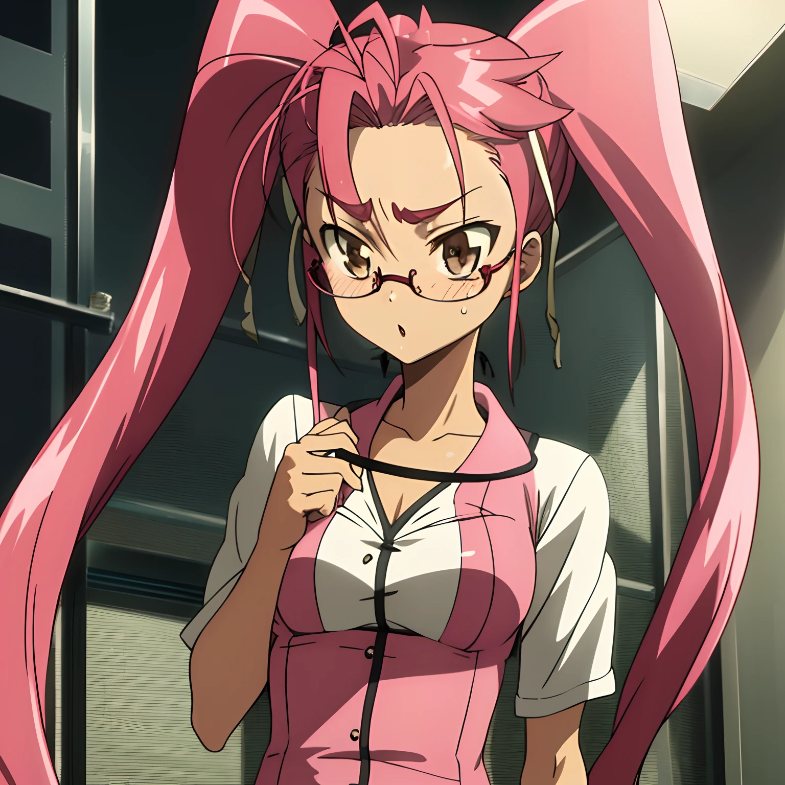 1girl, alone,micro shorts,
takagi saya, twintails, pink shorts, glasses,, masterpiece, best quality, highly detailed,pink hair