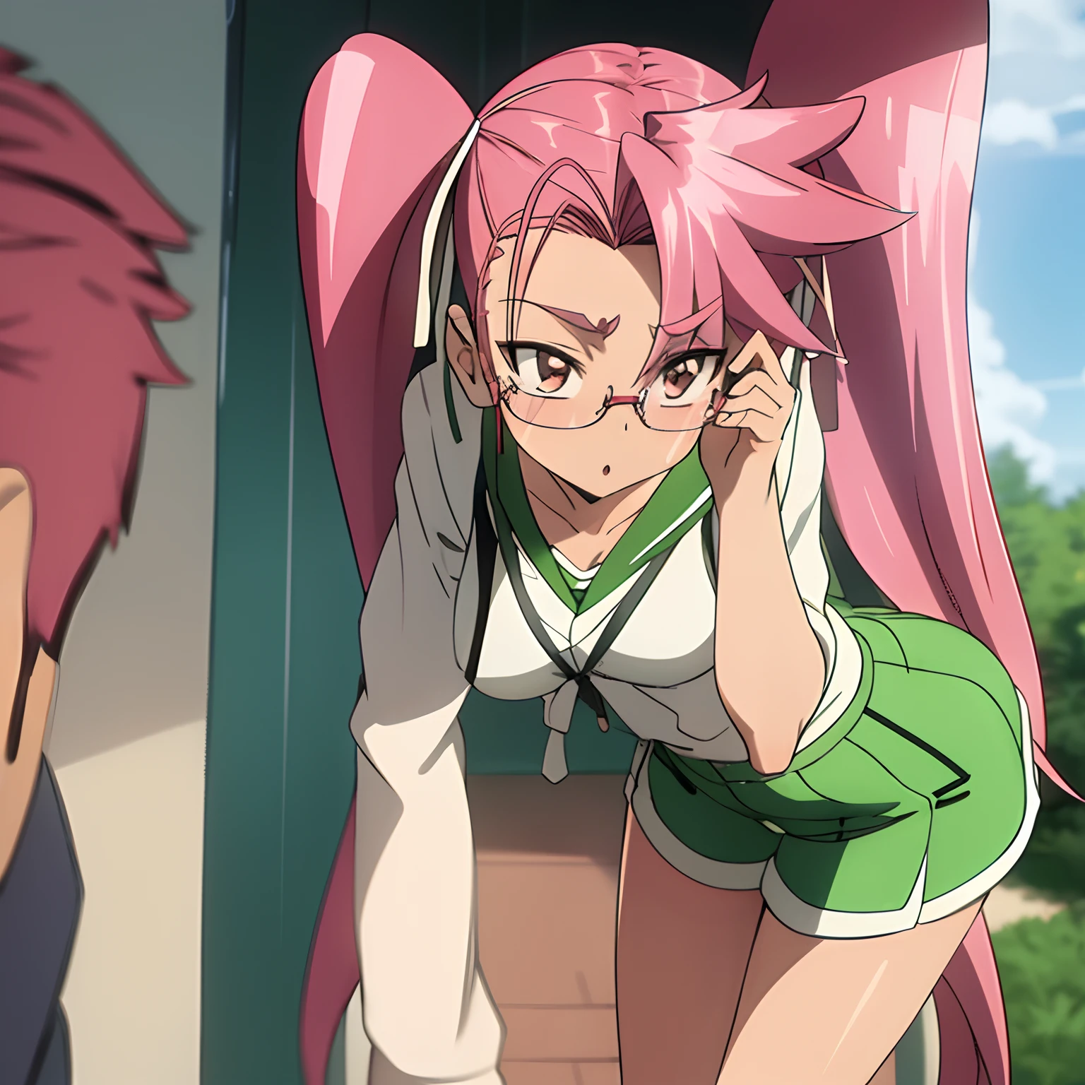 1girl, alone,micro shorts, 
takagi saya, twintails, pink shorts, glasses,, masterpiece, best quality, highly detailed,pink hair
