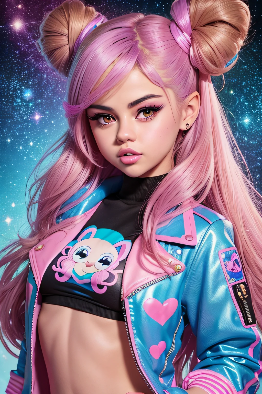 (Selena Gomez), bare belly, noaked stomach, see belly, woman with pink and blue makeup and a pink and blue jacket, brown girl in a cosmic dress, cartoon look, ava max, large eyes, lisa frank style, long brown hair and large eyes, ahegao face, alexa grace, wearing atompunk jumpsuit, inspired by Lisa Frank