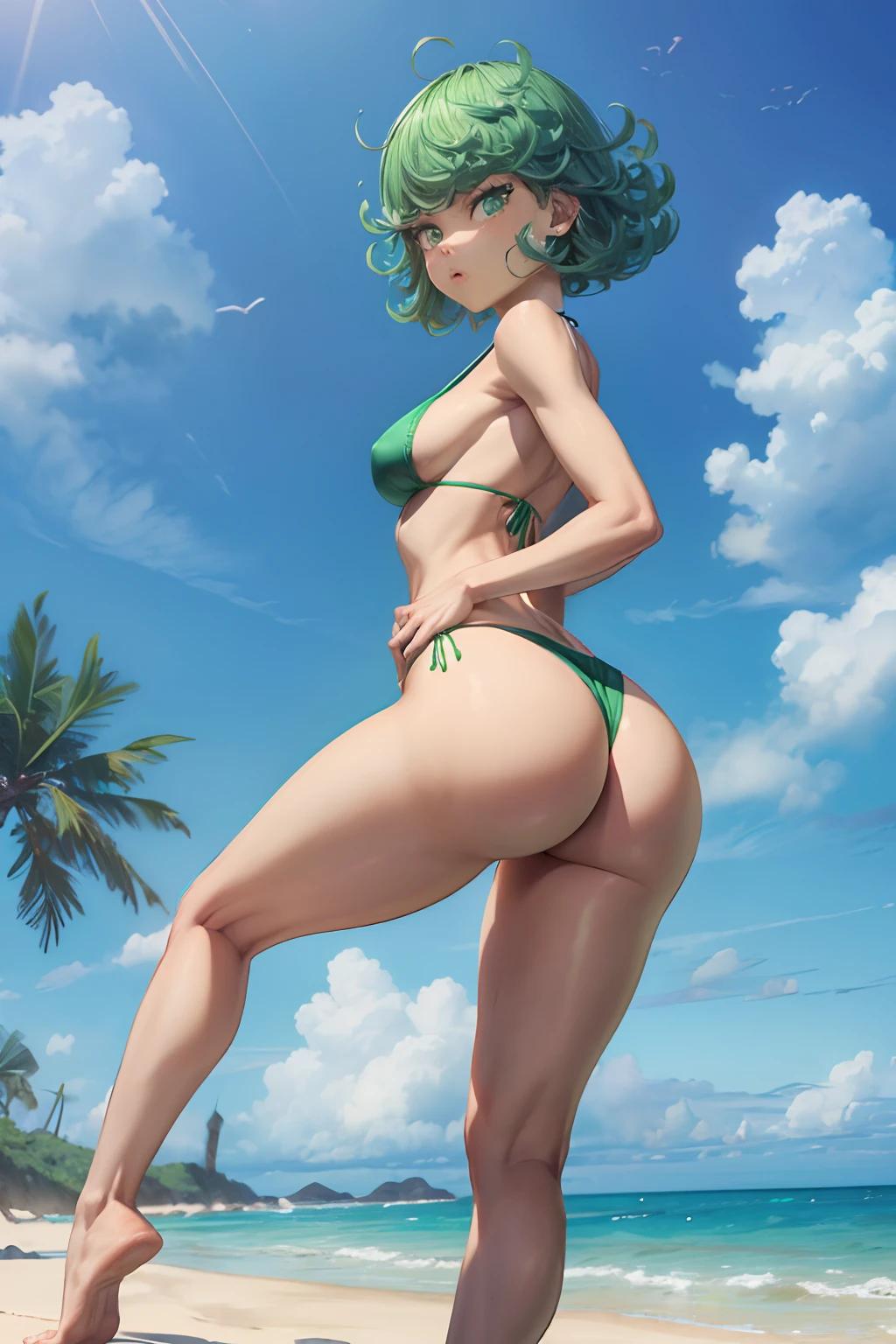 (((huge ass))) linda e fofa senhora, (esguio), (bunda grande), (cintura fina), (bunda nua), 8k, Tatsumaki de um homem de um soco, cabelo verde curto, olhos verdes, medium chest, whole body view, ((wearing a very short bikini)), Usando fio dental, irritado, (((na praia))), Dynamic view, ((pernas musculosas)), barefoot