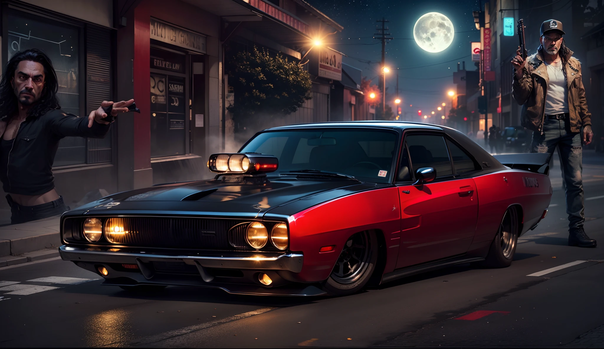 an imposing black Dodge Charger with its headlights on on a street in East Los Angeles at night full of stars with Saturn appearing with rings and comets crossing the sky and with the full moon illuminated and reflecting objects. Grafitti nos muros e carros e a rua molhada e refletiva com as faixas de pedestre . 1990, estilo gangster