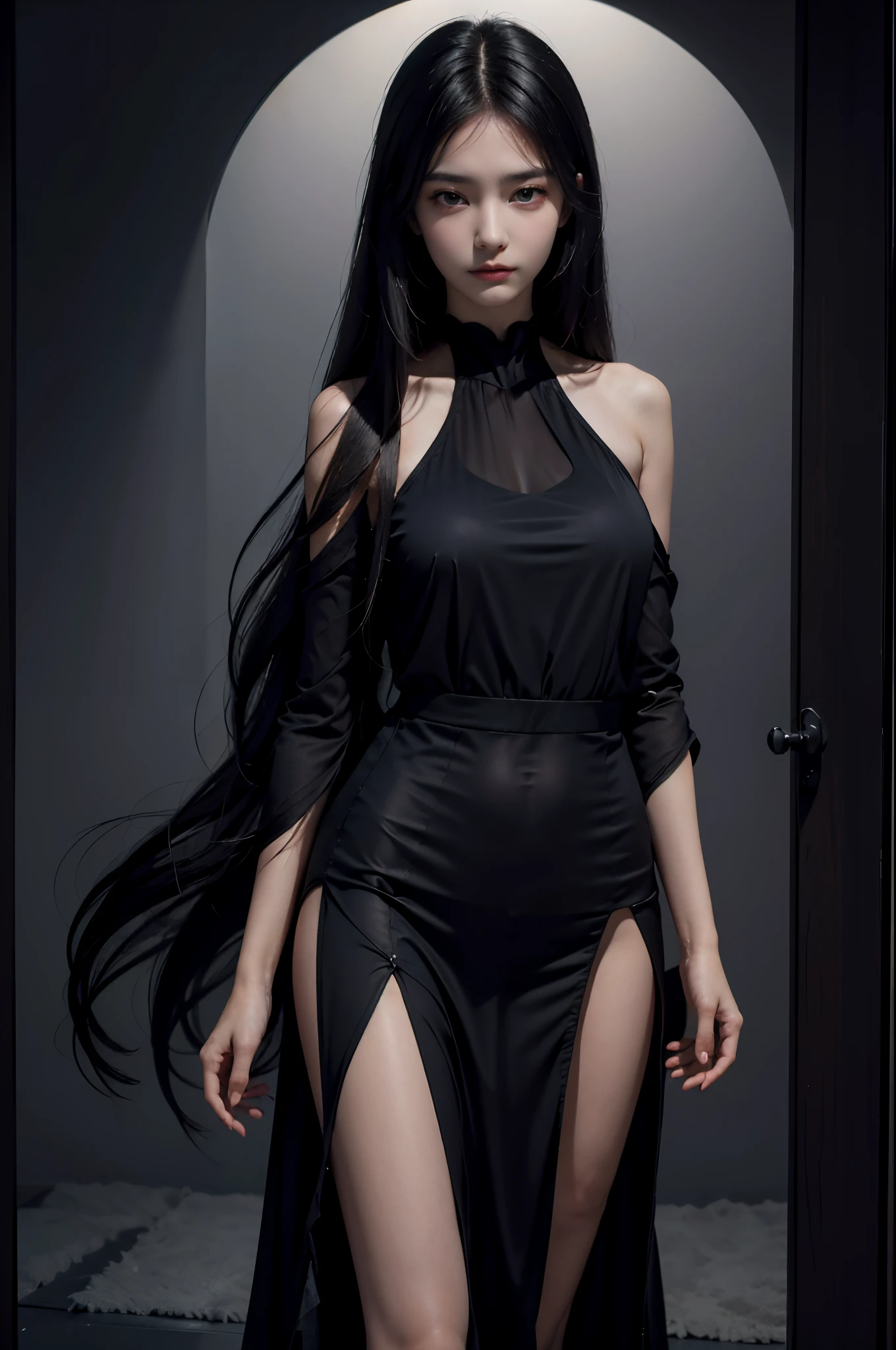 best quality, realistic, black dress, mysterious atmosphere, soft lighting, beautiful detailed eyes, long dark hair, standing alone, moonlight, stars in the sky, delicate features, hauntingly beautiful, deep emotions, subtle shadows, enigmatic expression, ethereal beauty, captivating presence, tranquil setting, silent night, gentle breeze, dreamlike ambiance, stillness and serenity.