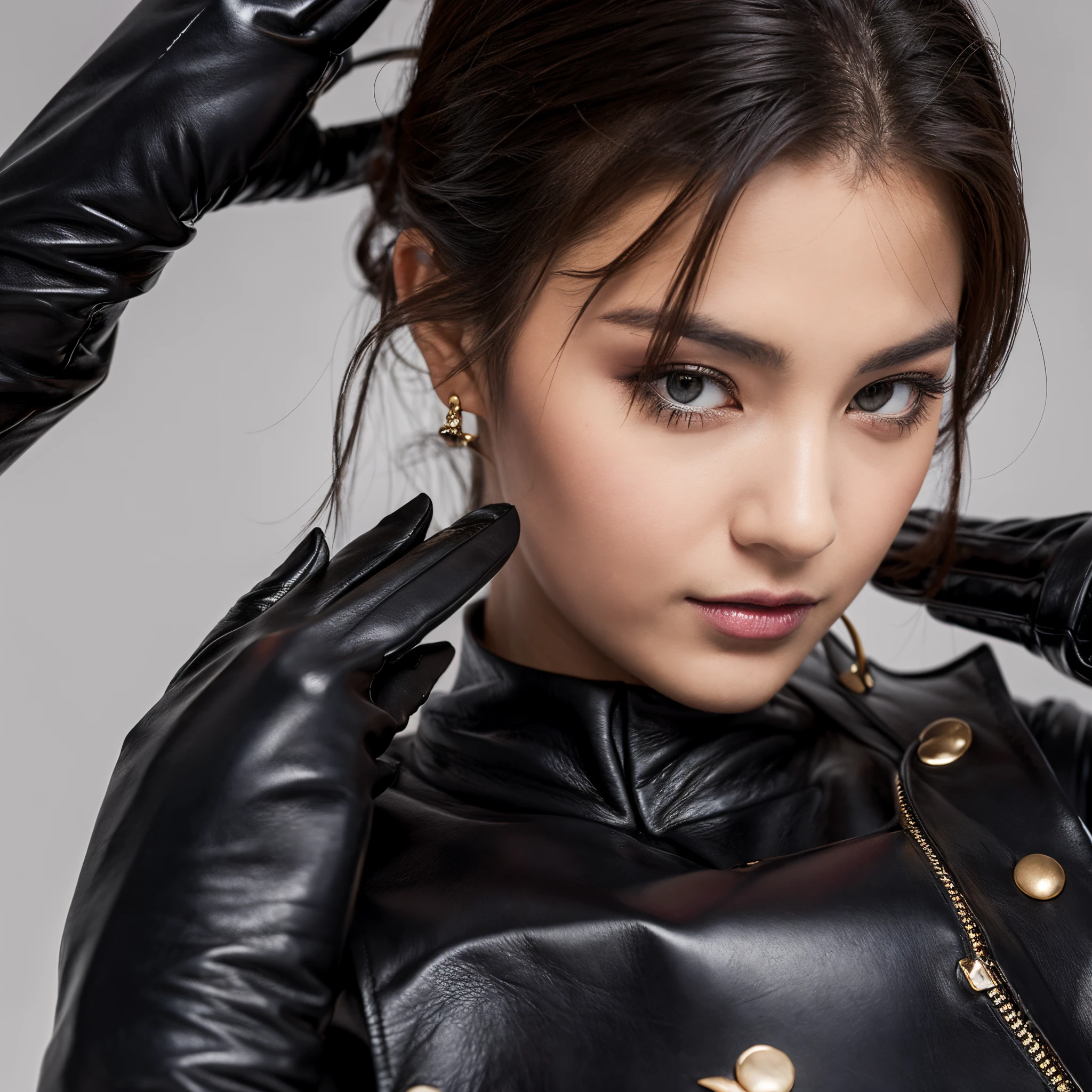 Mysterious woman in black leather gloves