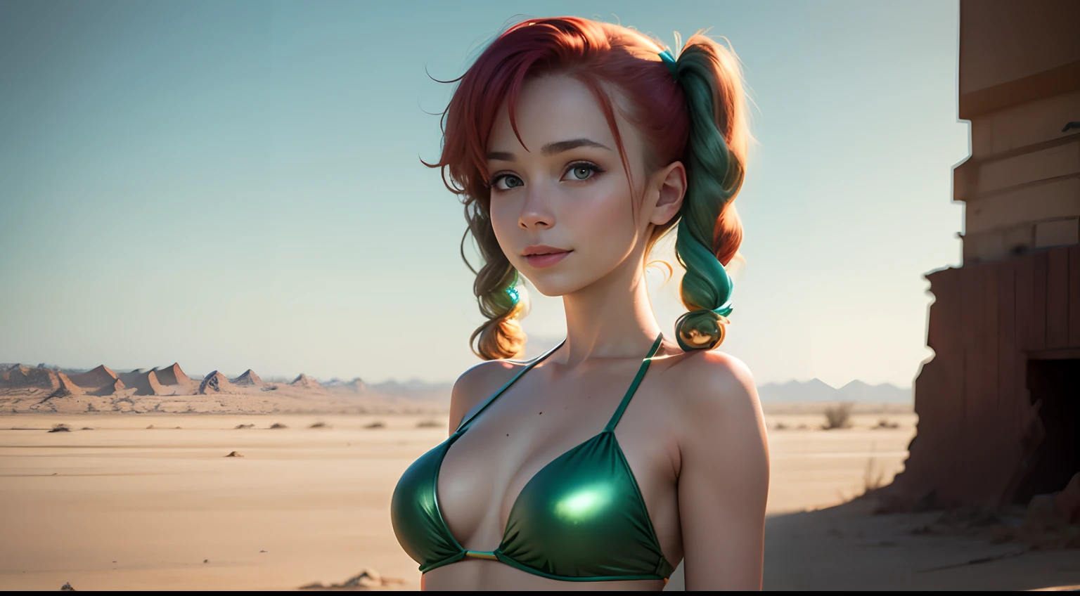 cute redhead woman in twin tails, multiple rainbow colored hair, sky-blue eyes, happy, Ukrainian, ite, pale skin, wearing a green metallic color bikini, post apocalyptic background, bleak barren desert, photo realistic woman.