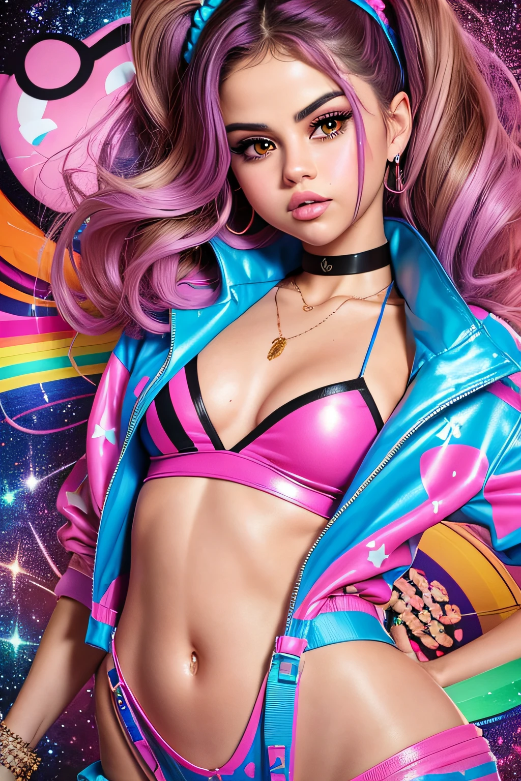 (Selena Gomez), bare belly, noaked stomach, see belly, woman with pink and blue makeup and a pink and blue jacket, brown girl in a cosmic dress, cartoon look, ava max, large eyes, lisa frank style, long brown hair and large eyes, ahegao face, alexa grace, wearing atompunk jumpsuit, inspired by Lisa Frank