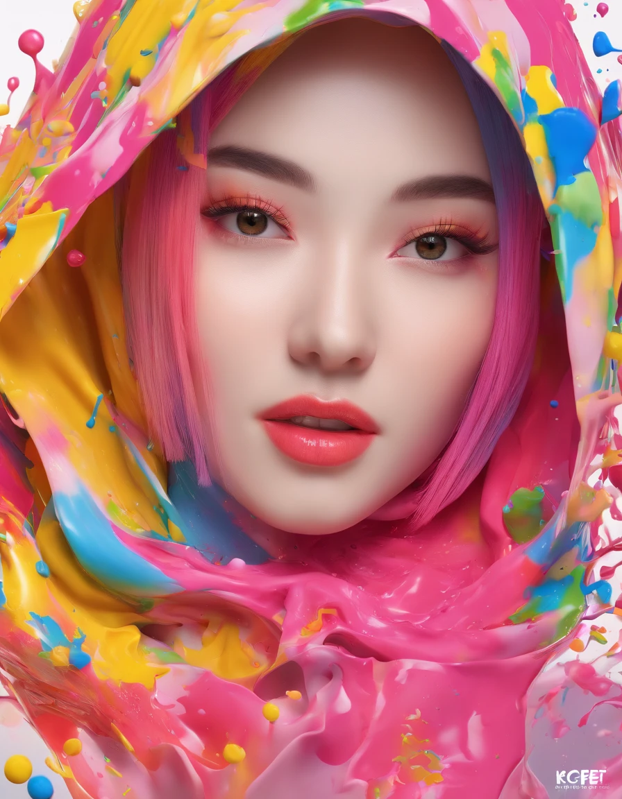 (Masterpiece, Best Quality, High Resolution), White Background, ((Paint Splash, Color Splash, Splash of Ink, Color Splash)), Sweet Chinese Girl hijab, Rainbow Hair, Pink Lips, Front, Upper Body, hijab