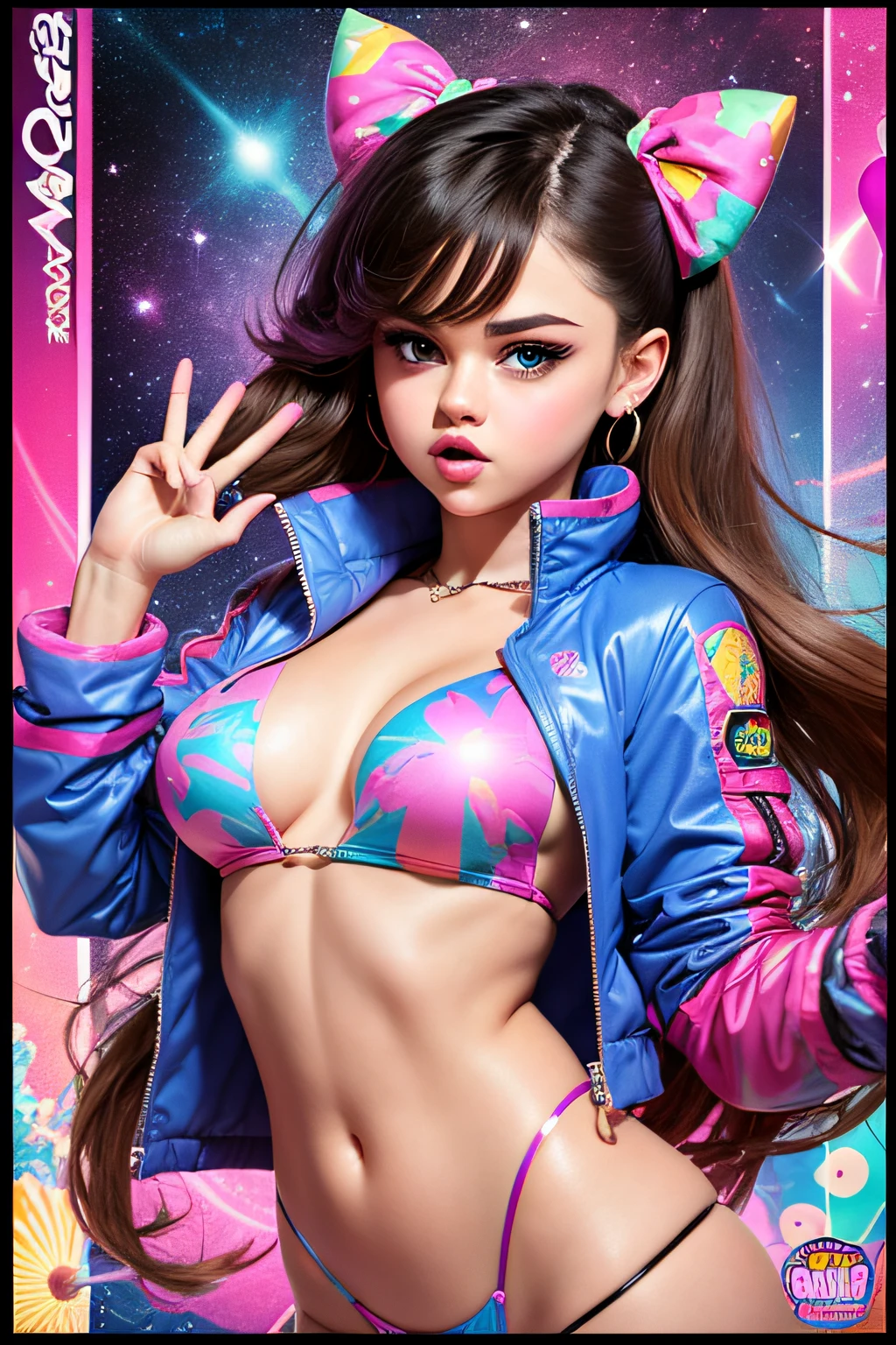 (Selena Gomez), bare belly, noaked stomach, see belly, woman with pink and blue makeup and a pink and blue jacket, brown girl in a cosmic dress, cartoon look, ava max, large eyes, lisa frank style, long brown hair and large eyes, ahegao face, alexa grace, wearing atompunk jumpsuit, inspired by Lisa Frank