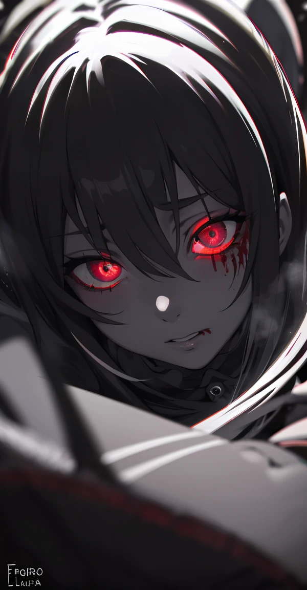 Anime girl with blue eyes and long hair,blood in face, his eyes are bleeding intense, Yandere, gapmoe Yandere, smiles in despair, crying tears of blood, gapmoe Yandere grimdark, with red glowing eyes, sad cerulean eyes, Bloody tears, with glowing eyes, with huge luminous sad eyes, extremely cute anime girl face