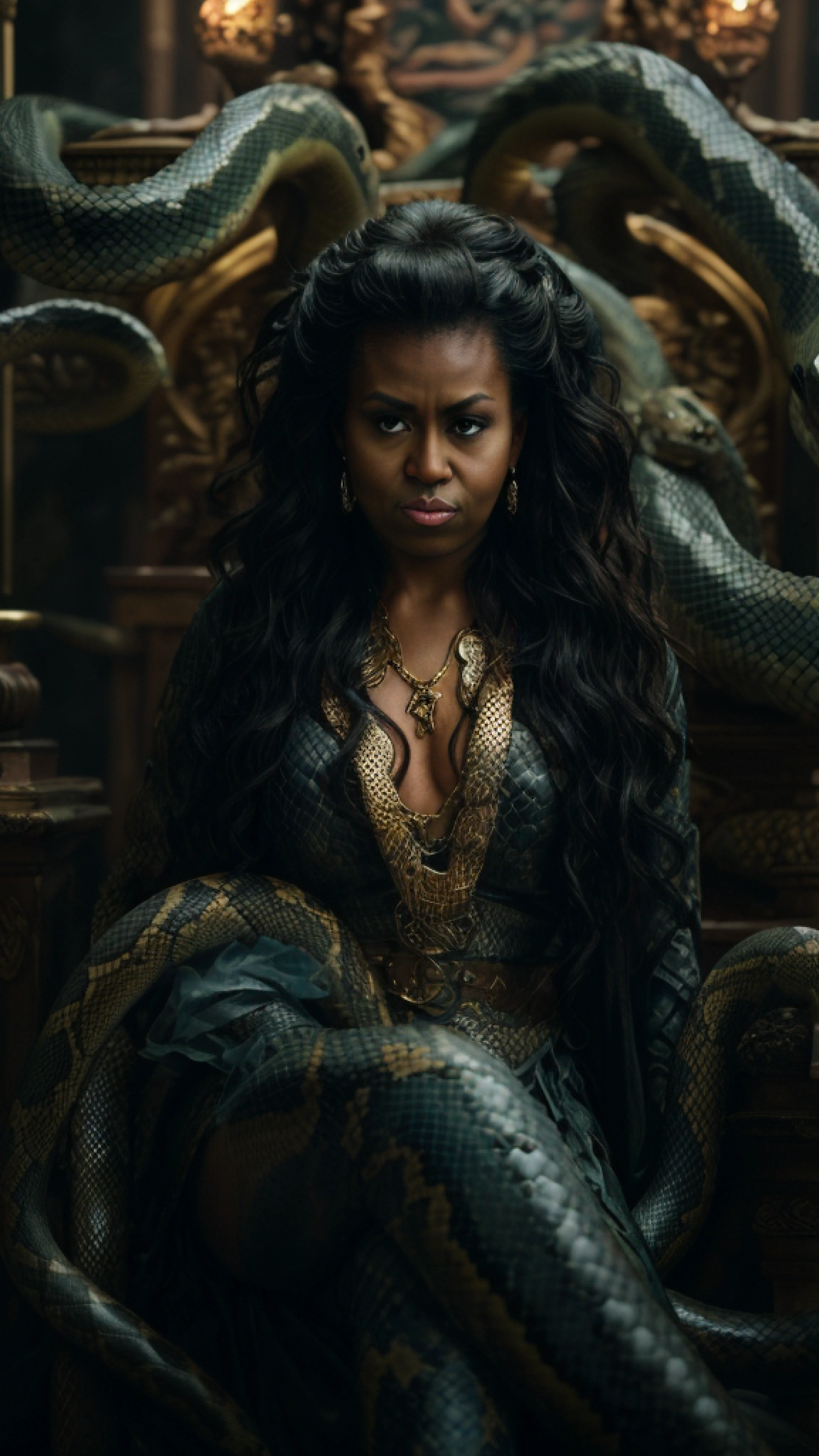 Michelle Obama sitting on a throne with a snake around her neck, red snake eyes, queen of snakes, dark queen of snakes, dorne, her many snakes as hair, queen of dragons, the godess hera looking angry, dragon queen, cinematic. ”, portrait of ororo munroe, album, female lord of change, mami wata, closeup portrait shot