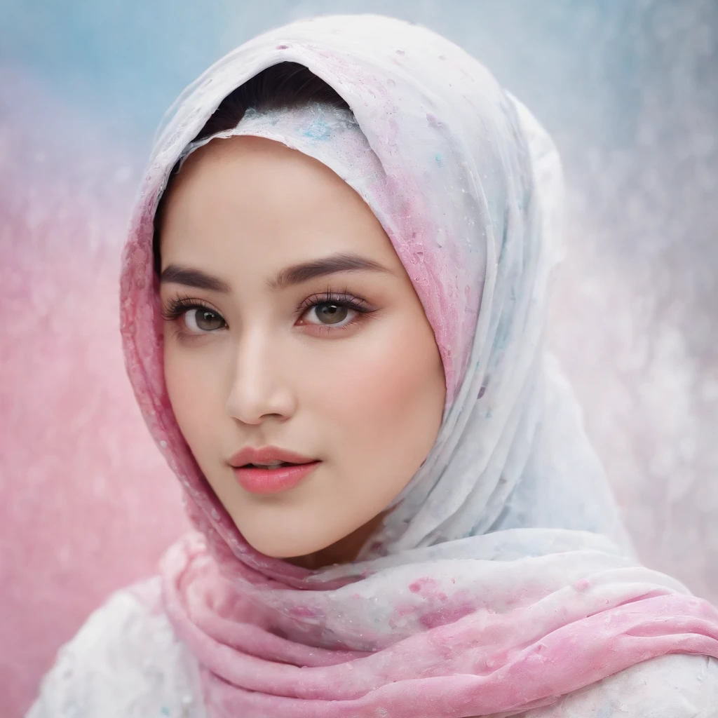 (Masterpiece, Best Quality, High Resolution, 4K Resolution, 8K Resolution, Realistic, Real human), White Background, ((Paint Splash, Color Splash, Splash of Ink, Color Splash)), Sweet Chinese Girl hijab, Rainbow Hair, Pink Lips, Front, Upper Body, hijab
