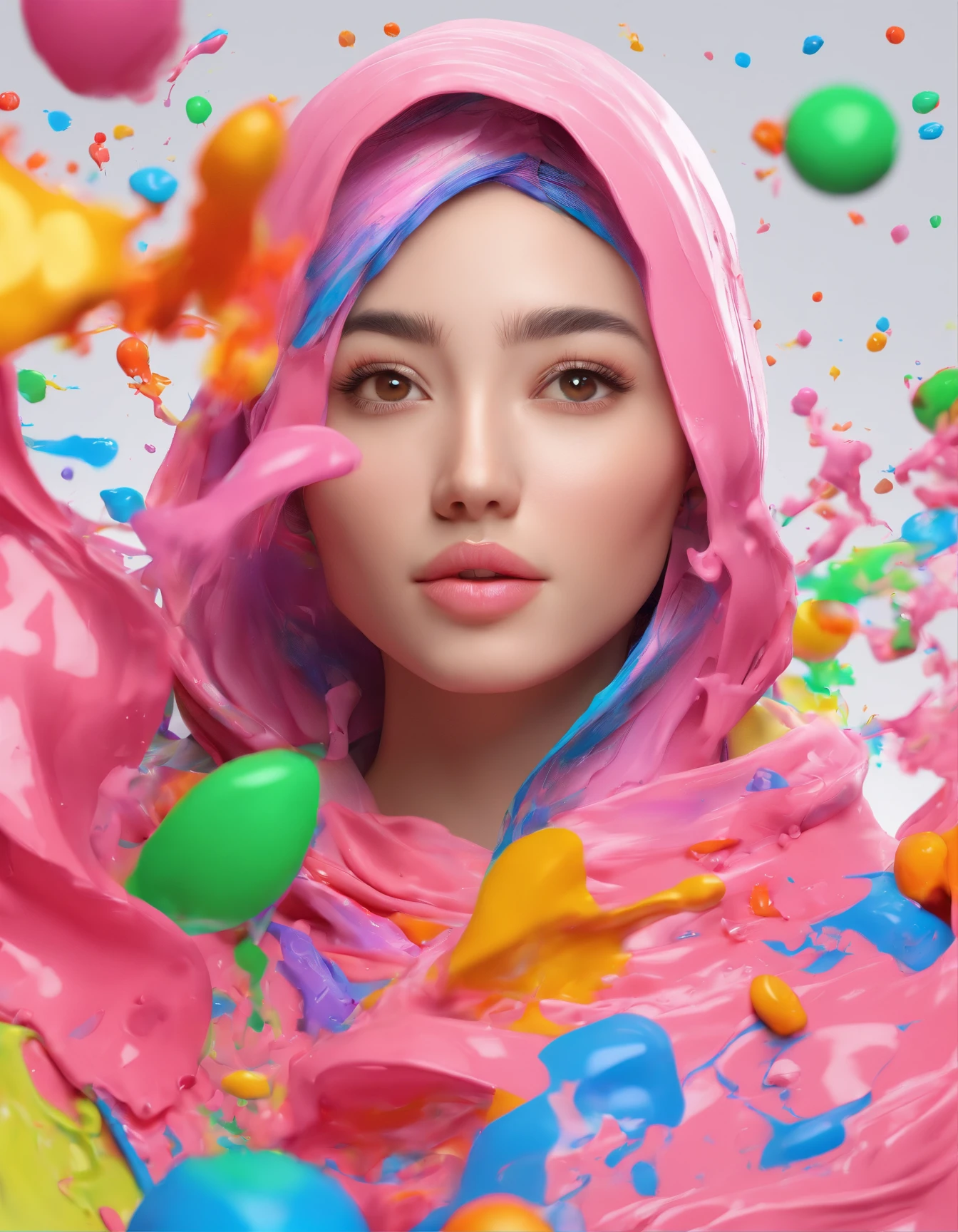 (Masterpiece, Best Quality, High Resolution), White Background, ((Paint Splash, Color Splash, Splash of Ink, Color Splash)), Sweet Chinese Girl hijab, Rainbow Hair, Pink Lips, Front, Upper Body, hijab