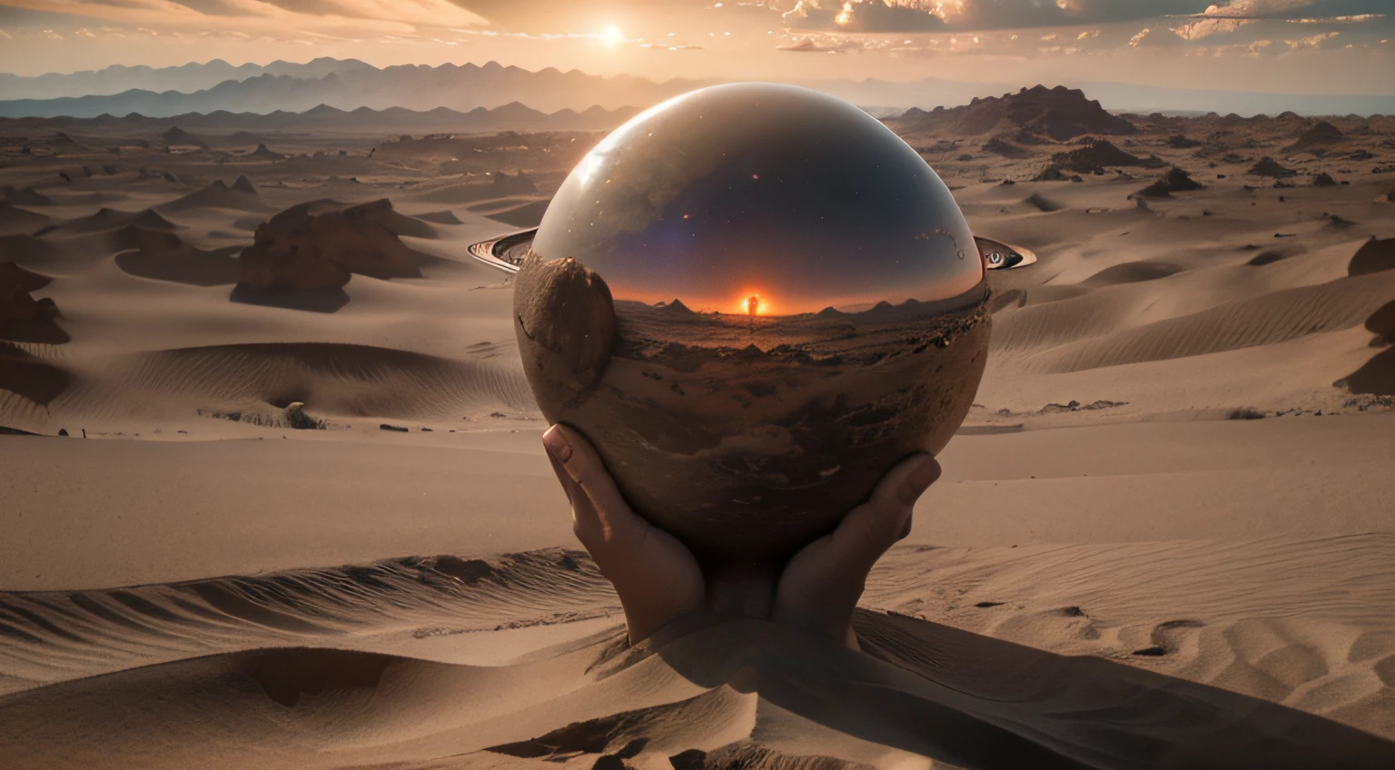 Professional 3D rendering with octave, obra-prima mundial, arte digital proFissional super exclusiva, Filme ainda, FotograFia de Filme colorido super realista com detalhes e qualidade hiperFinos, FotograFia (((comprimento total: 1.5))), arid planet, deserto, an earth-textured hand appears next to the planet,  quente estilo Peter-Paul Rubens, hiperdetallados, halo on top (Dramatic sunrise, planet close in the sky), professional soft cinematic lighting, global ilumination, sombras suaves, Rastreamento de raio, Grande proFundidade de campo, Foco de nitidez claro, UHD 12k, DSLR, moldura do Filme, grain of film, 85 millimeters, F/1.4, ISO 64 Certificate, F16, 45. (((Hot alien planet, esquentar))), (((OUTRO MUNDO DESCONHECIDO))), (AtmosFera com umidade extrema), (((Desolate alien landscape))), (((, Acid and heavy atmosphere))),((Vales Gigantes Quentes)), (Nevoeiro na atmosFera), (((desertoos gigantes com dunas, threatening gray horizon, raios distantes caem))), (((Muito brilhante)))