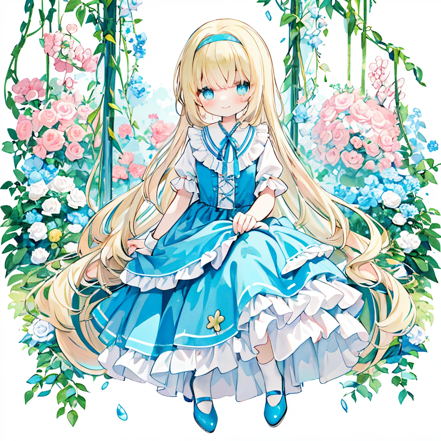 ((white and light blue striped ribbon theme:1.4))、1girl with、A smile、Transparent watercolor,girl,Jewel Eyes,Beautiful arrangements and motifs,Pink、A slight smil、 Alice in Wonderland style girl,In the style of Victorian era costumes, Dreamy motifs, Light blue dress, cottagecore, White and azure, Layered patterns, Female anime character wearing a blue dress and white top, alice from alice in wonder land, , small curvy loli, Alice, Cute anime waifu in a nice dress, like alice in wonderland, blonde anime girl with long hair,(blue high heels、Blue strap、white and light blue striped headband、white and light blue striped socks:1.3)
