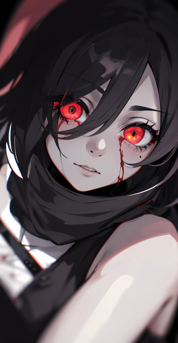 (obra maestra, La mejor calidad), fondo, (horror), miedo, horror, sangre, Llorosos, Mujer, blanco y negro, ((ojos rojos)) high resolution ultra detailed realistic shadow glowing eyes circular pupils defocused background,