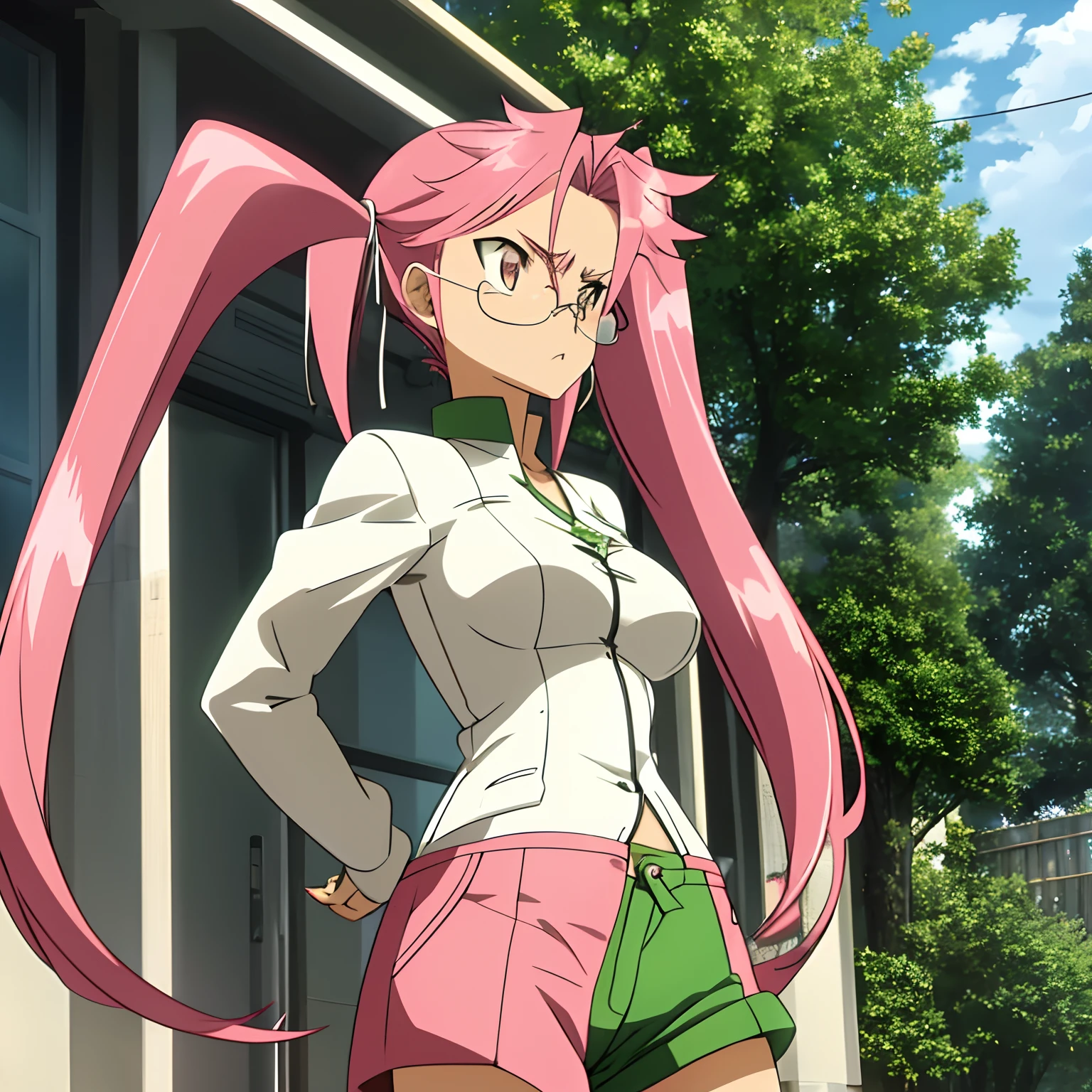 1girl,alone,single,Micro pants,shorts only, Saya Takagi, twin tails, short pink pants, glasses, Masterpiece, Best quality, Highly detailed, pink hair, medium breasts, wide hips, Medium thighs