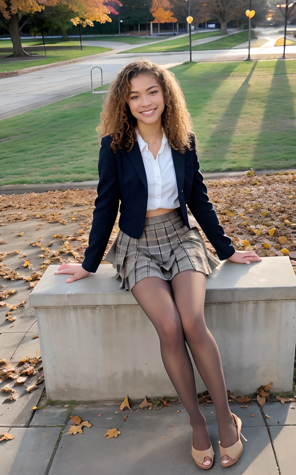 show entire body, feet in view, aerial view, Zendaya, curly blonde hair, skinny body, American school uniform, tiny skirt, smiling, pantyhose, no shoes, school hallway, , sunset, outside, fall, sitting on high wall, empty park, leaves on the ground, 8k, photorealistic