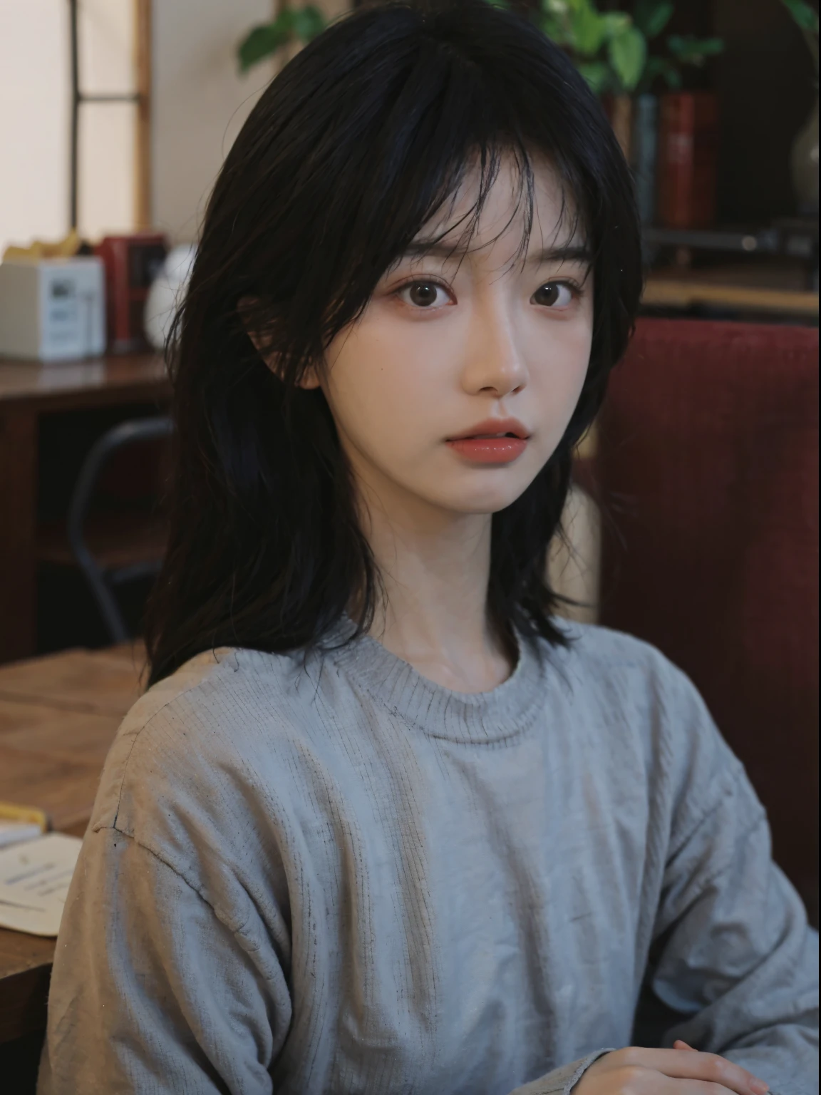 Best quality at best, 超高分辨率, (realistically:1.4), A woman with long black hair and a gray sweater, The middle view is, under a ray of sunshine,She has black hair,through bangs, young lovely Korean faces, Cute Korean face, Urzans, Shin Jinying, beautiful aesthetic face, Korean facial features, Played by Liu Li Zhien ,beautiful realistic face