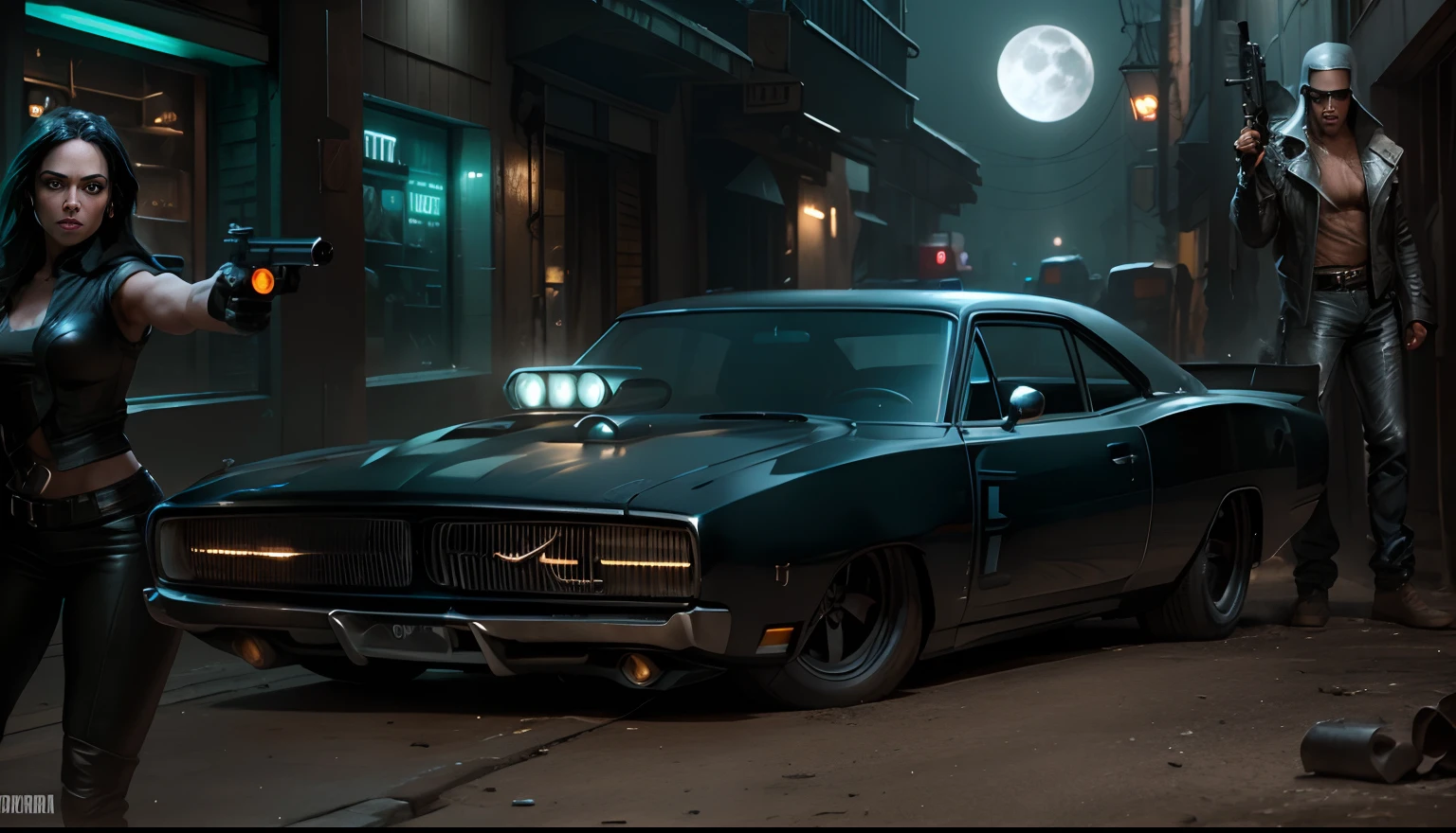 Um imponente Dodge Charger preto, behind a gangster Angelina Jolie holding a pistol and on the other side a bandit Harrison Ford standing holding a pistol, in the background a gloomy alley with a full moon shining on objects in A dieselpunk dystopian futuristic metropolis with lots of Art Deco architecture, atmosfera sombria, lighting dramatic, foco nítido, qualidade 8k, Foto RAW