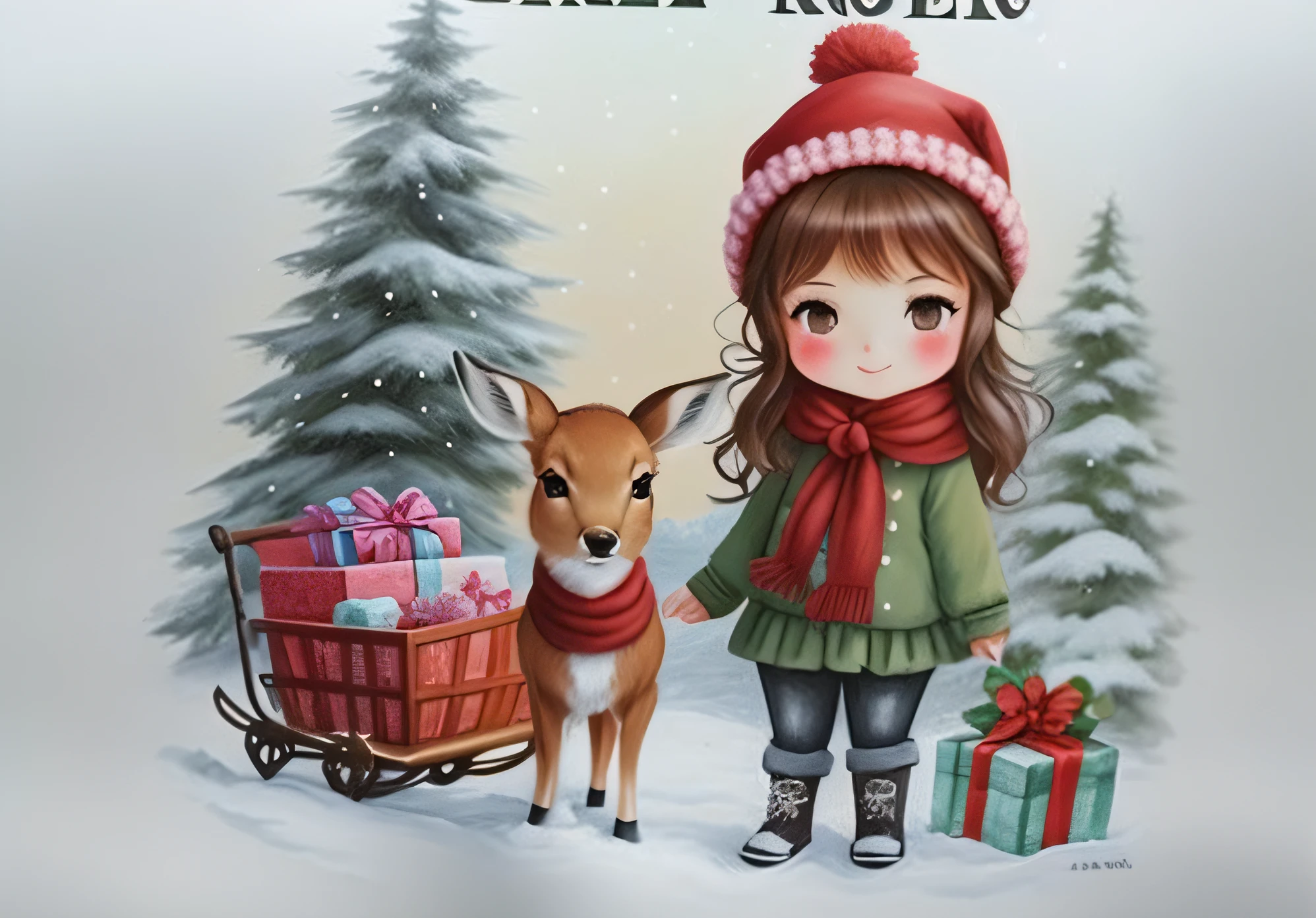 there is a girl and a deer with a sleigh and gifts, arte tradicional, desenho animado bonito, Directed by: Elaine Hamilton, Winter Schedule, chan sakimi, 8k)), seasons!! : 🌸 ☀ 🍂 ❄, Directed by: Ren Renfa, Ilustrativos!!, 🌲🌌, Magical humor, Arte vintage, meninas fofas, illustration!, Directed by: Marie Angel, Looks doces, quente