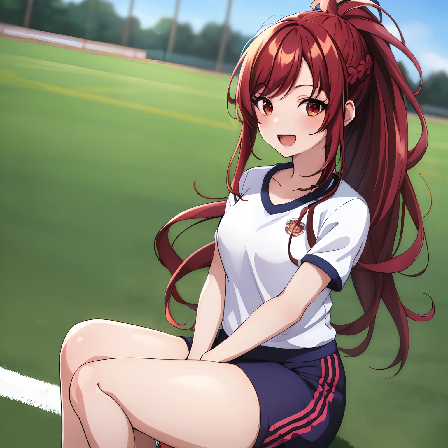 best quality, ((masterpiece)), highly detailed, soccer field, blurry background,
1girl, alone, Kazama Kaede,
looking at the viewer, smile, open mouth,
red eyes, red hair, long hair, ponytail, braid, bangs, gym uniform, gym shorts, blue shorts, white shirt