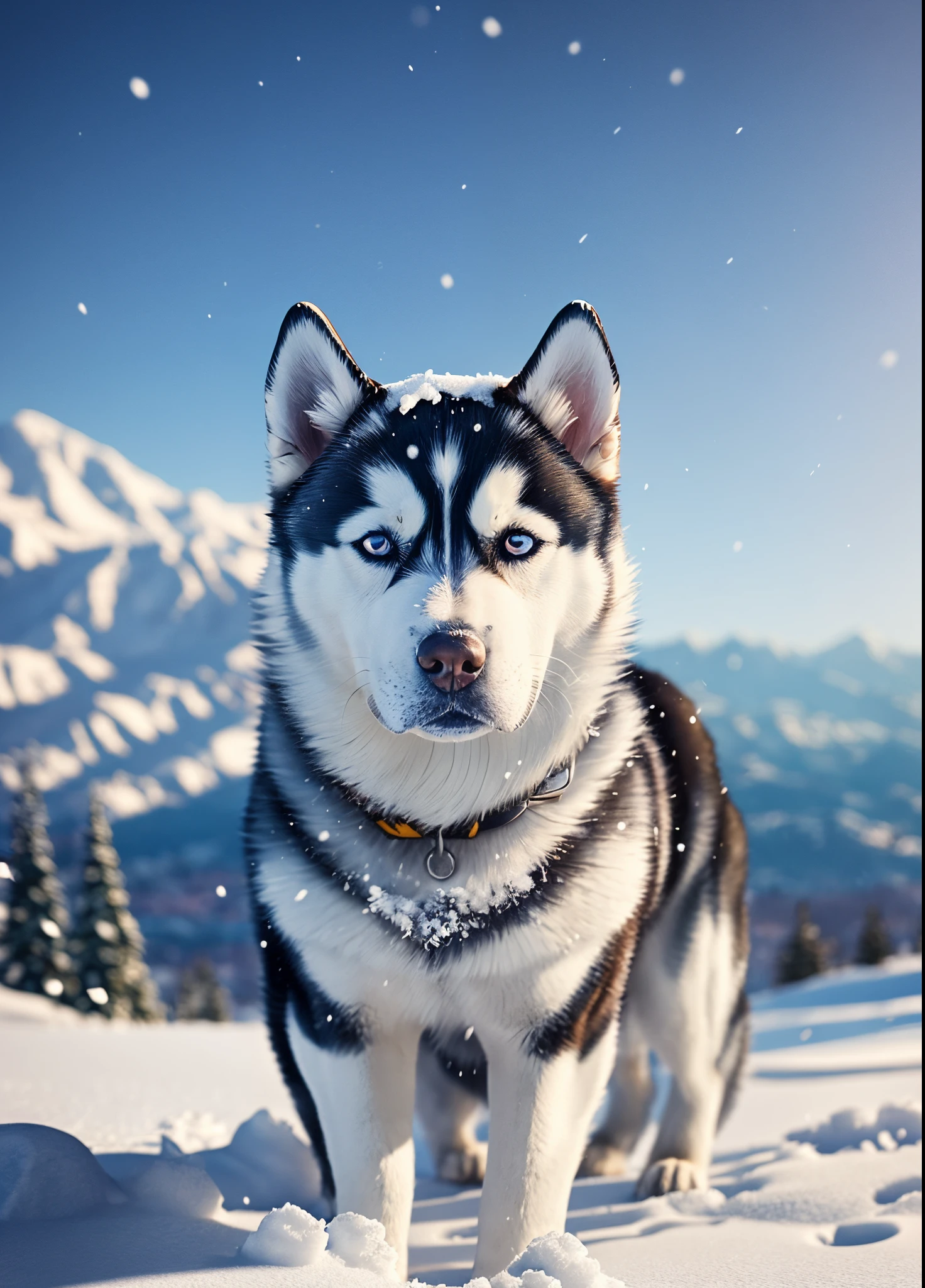 Siberian husky dog on the mountain looking at the snowy city realistic photography cinematic photorealism --auto --s2