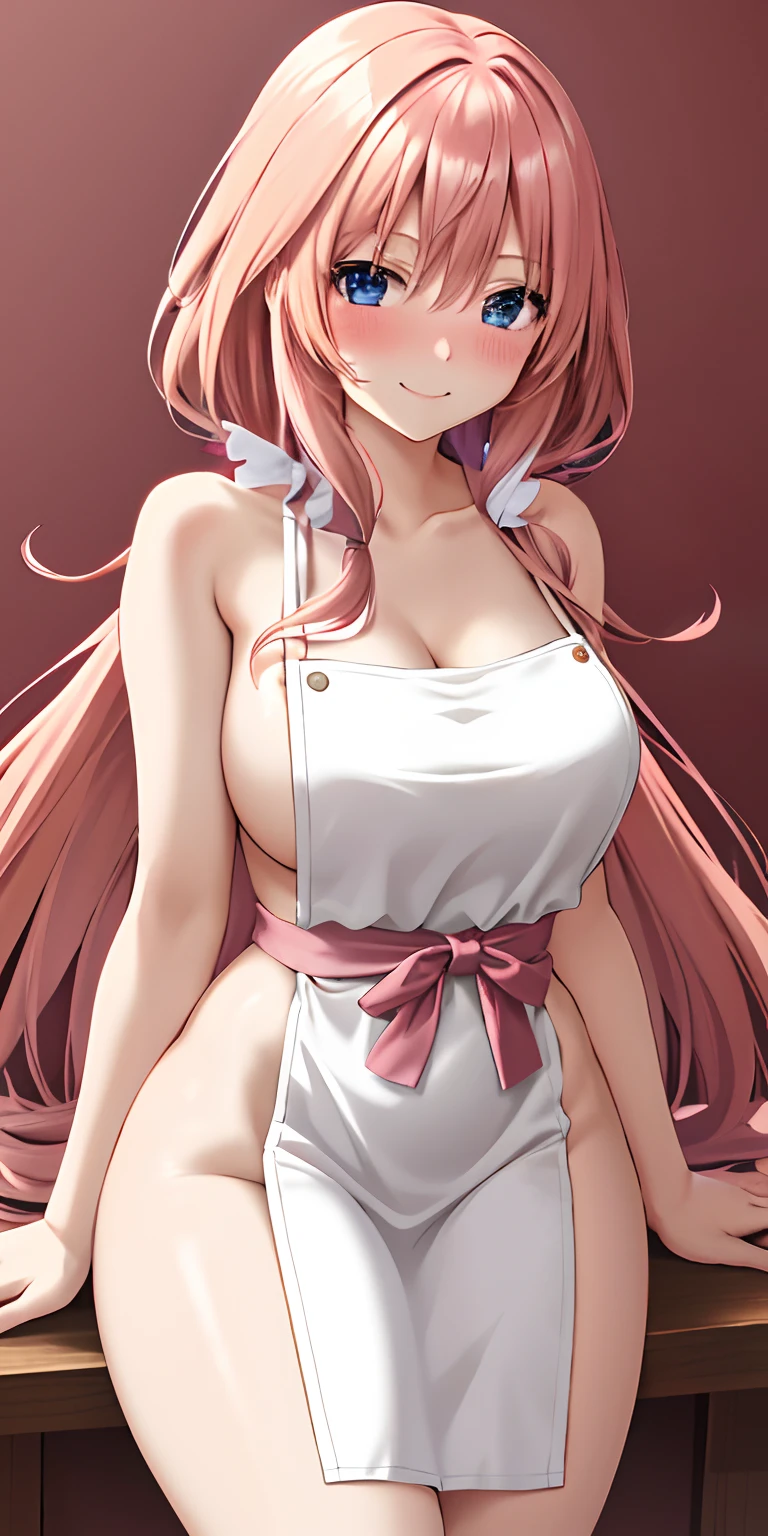 (anime) A girl in a solo photo, with long pink hair, (nude:1.3), (White apron), big breasts, revealing neckline, thighs, brown background, (blushing:1.2) and smiling.