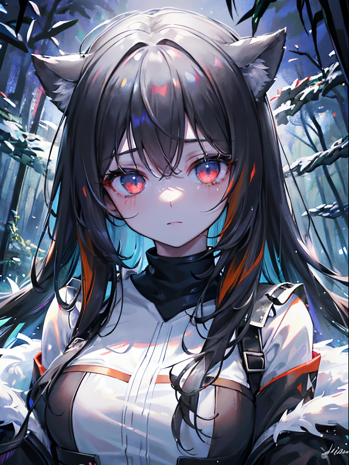 (masterpiece,best quality,ultra-detailed),1girl, black hair,beautiful and detailed face, detailed eyes,looking at viewer, multicolored eyes,(grey theme),furry girl,glowing eyes ,in a forest,((night)),dark ambient,(((furry)))