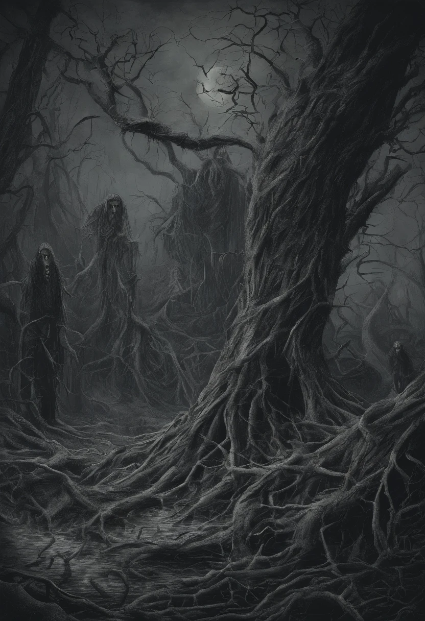 Masterpiece, Best quality, High quality, <lora:Desolation:0.5>, image of a hooded figure standing in a desolate forest looking up at a massive wendigo type creature who is looking down at him menacingly, on parchment paper <lora:ParchartXL-2.0:1> <lora:linquivera:1> linquivera, liiv1 <lora:WildcardX-XL-Detail-Enhancer:1.4>