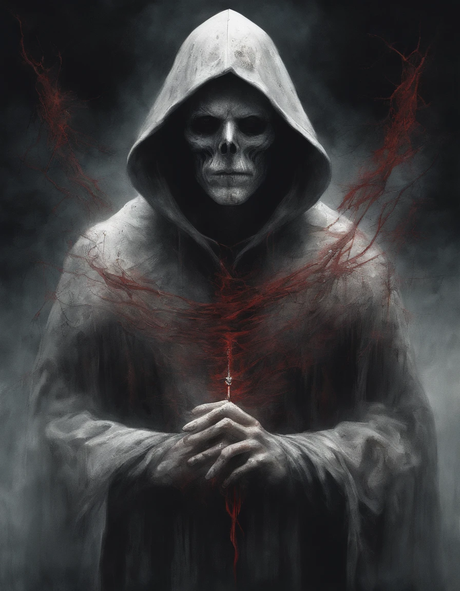 painting of a evil male necromancer in black robe, holding human heart in his hands, dark atmosphere, cinematic scene, ultra realistic, in the style of nicola samori