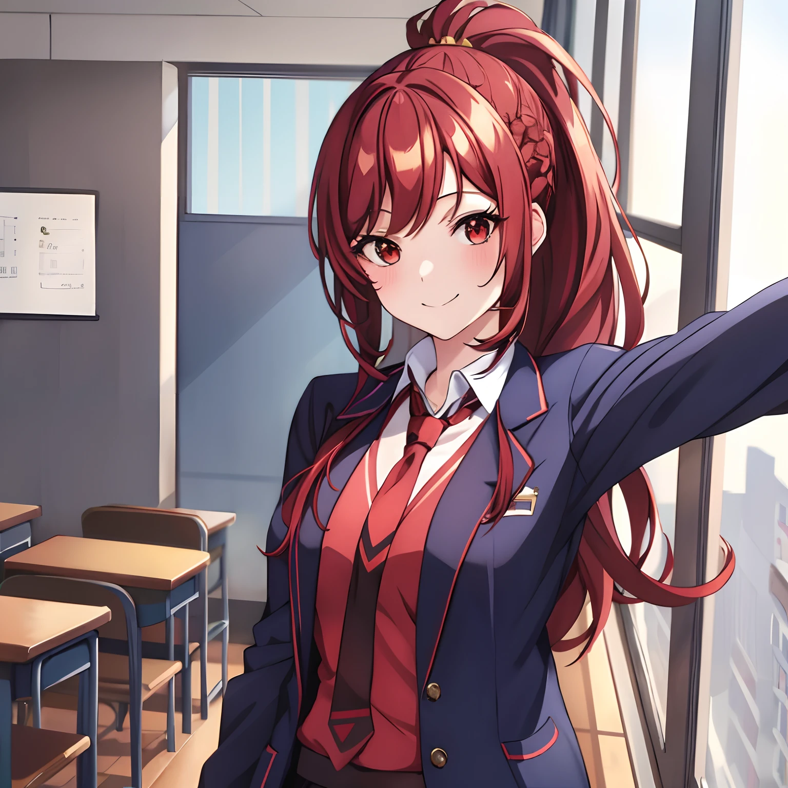 best quality, ((masterpiece)), highly detailed, school, classroom,
1girl, alone,Kazama Kaede,
looking at the viewer, smile, closed mouth,
red eyes, red hair, long hair, ponytail, braid, bangs, (blue necktie:1.2), collared shirt, black sweater, white jacket, miniskirt, white skirt, open clothes