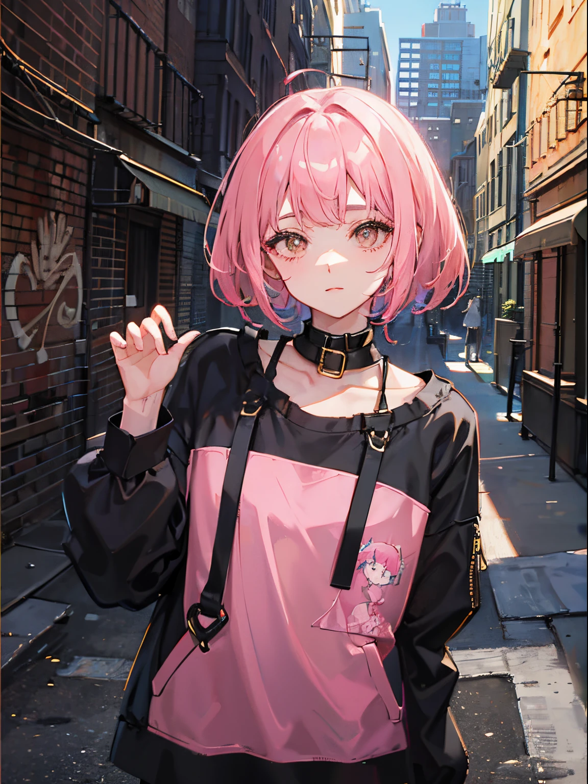 Hip Hop Fashion、Oversized clothes、high-level image quality、Golden Eyes、 Pink Short Bob、Bangs at the top of the eyebrows、short bangs、Back alleys in New York、Brick wall、Street art graffiti on the wall、Dark Tone, Vibrant colors、Bust-up shot, Delicate drawing、