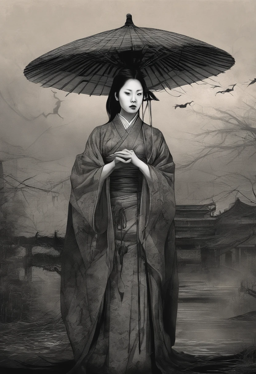 nigth，Chinesische Folklore，Woman with big breasts looks sideways，With an oil paper umbrella