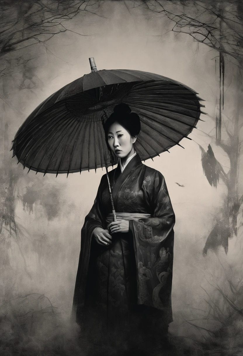 nigth，Chinesische Folklore，Woman with big breasts looks sideways，With an oil paper umbrella
