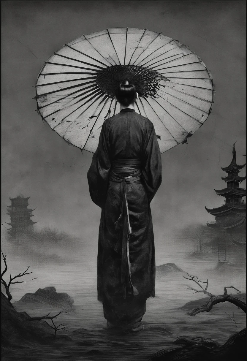 nigth，Chinesische Folklore，Woman with big breasts looks sideways，With an oil paper umbrella