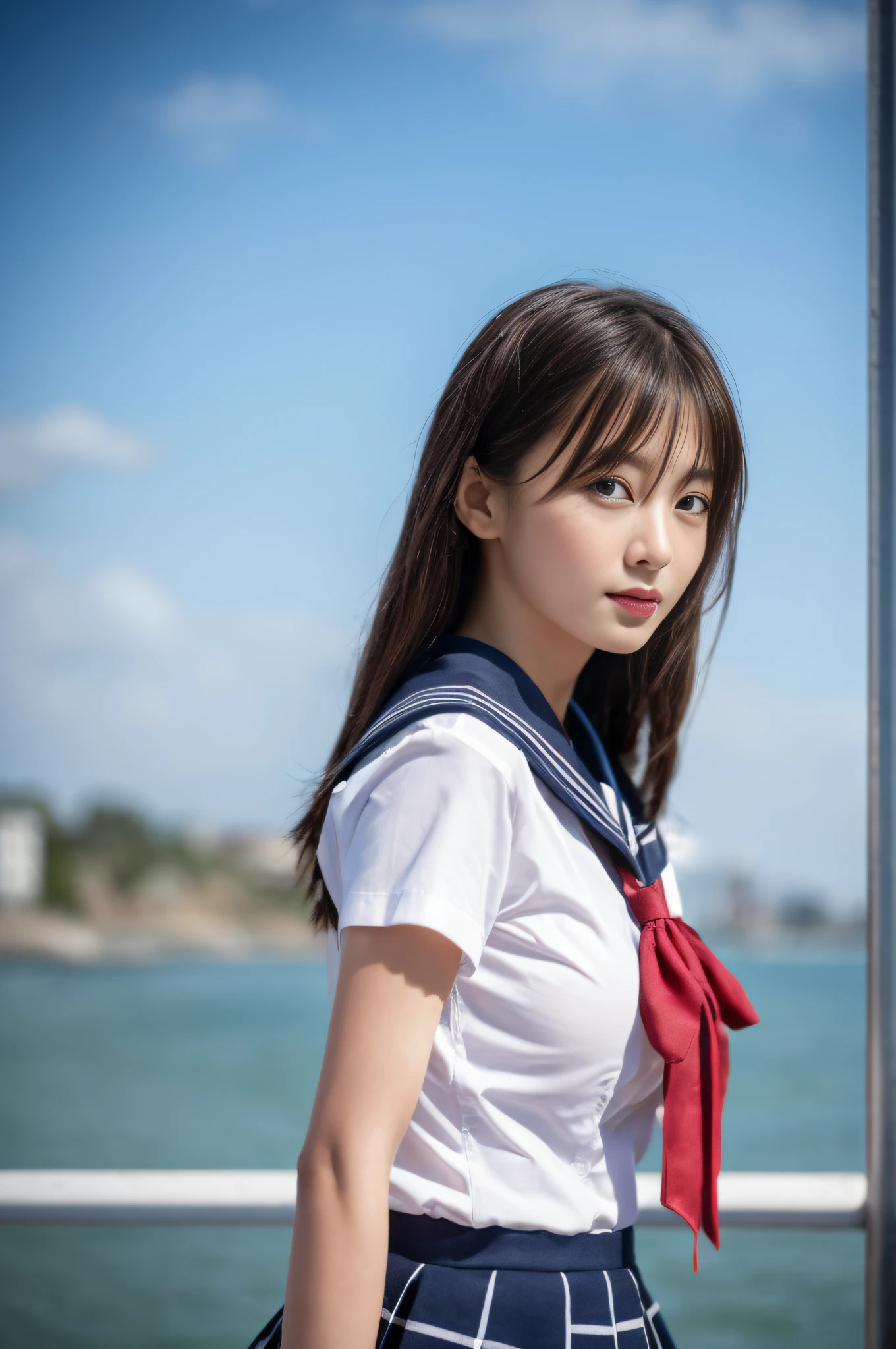 8K raw photo, Best quality, masterpiece, ultra high res, 3d, realistic, 1girl, asian, black_hair, black_sailor_collar, long_hair, nose, school_uniform, serafuku, natural skin texture, light brown_eye, detailed eyes and face, lips, lipstick, beautiful legs, enormous breasts, beautiful seaside location, (detailed background), plaid skirt, white shirt, enormous breast, blurry background, short sleeves