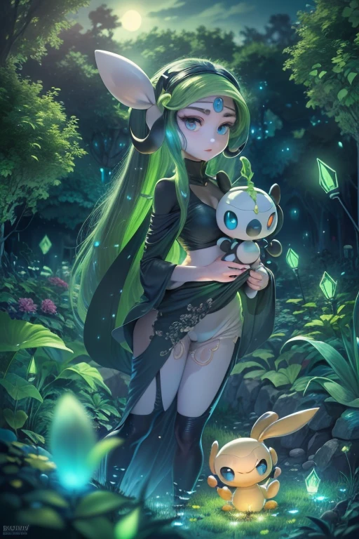 (best quality, 4k, 8k, high resolution, masterpiece: 1.2), (ultra detailed), (anime style), (Pokémon), (creature), (meloetta), (floating upright), (garden at night ), (mystical glow all around), portraits, anime, sharp focus, vivid colors, HDR