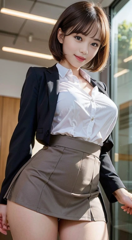Beautiful Girl, (Pleated Skirt Lifting), ((Show panties)), looking in camera, Angle from below, Shy smile, a blond, ((of the highest quality, 16 K, masutepiece: 1.3)), Light on Face, hyperdetailed face, very detailed lips, Detailed eyes、Colossal tits、爆乳、Wearing a suit、Formalco Steume、At work、s Office、working in an office、A dark-haired、short-hair、Short black hair