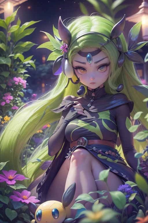 (best quality, 4k, 8k, high resolution, masterpiece: 1.2), (ultra detailed), (anime style), (Pokémon), (creature), (meloetta), (garden at night), (mystical glow all around), portraits, anime, sharp focus, vivid colors, HDR