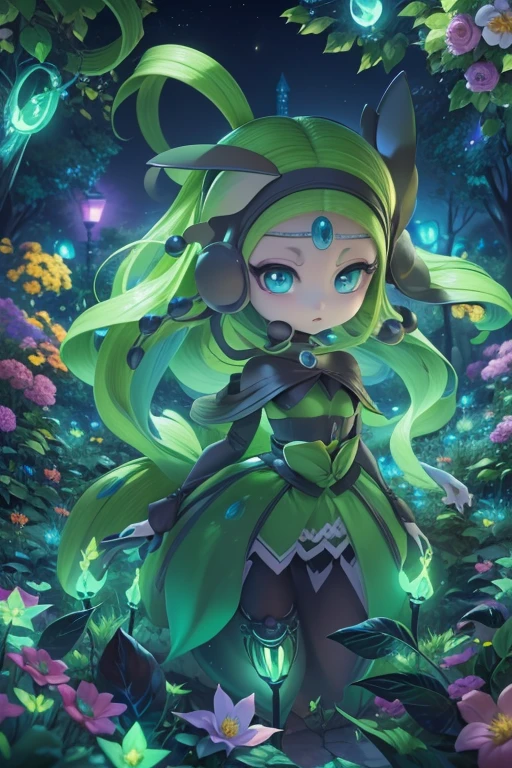 (best quality, 4k, 8k, high resolution, masterpiece: 1.2), (ultra detailed), (anime style), (Pokémon), (creature), (meloetta), (garden at night), (mystical glow all around), portraits, anime, sharp focus, vivid colors, HDR