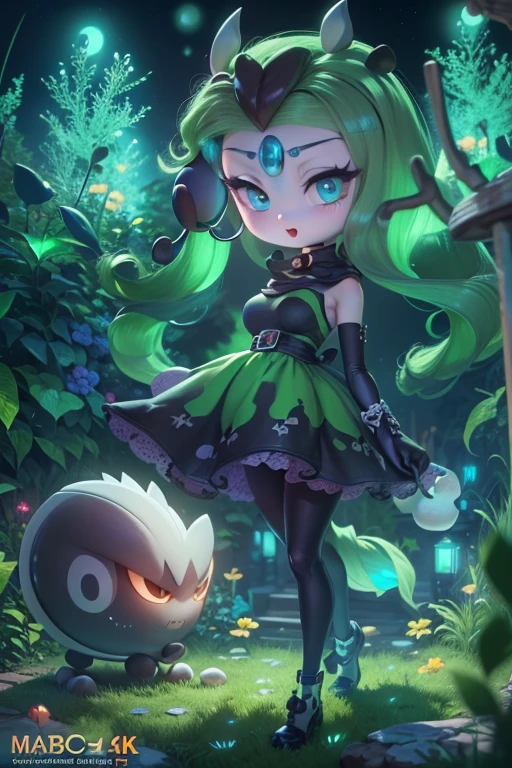 (best quality, 4k, 8k, high resolution, masterpiece: 1.2), (ultra detailed), (anime style), 1girl, meloetta, pokemon \(creature\), mobface, blue eyes, chibi, :D, full body, black dress, green waist, (garden at night), (mystical glow all around), portraits, anime, sharp focus, vivid colors, HDR