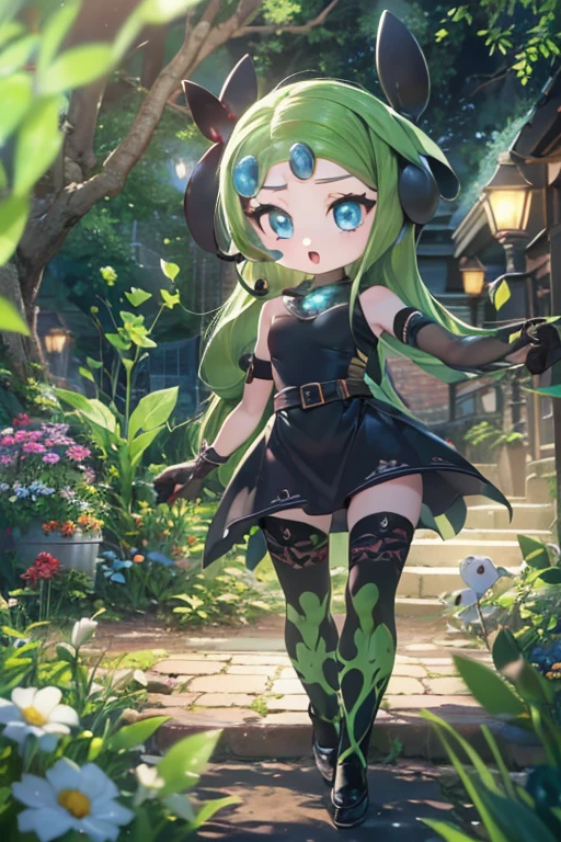 (best quality, 4k, 8k, high resolution, masterpiece: 1.2), (ultra detailed), (anime style), 1girl, meloetta, pokemon \(creature\), mobface, blue eyes, chibi, :D, full body, black dress, green waist, (garden at night), (mystical glow all around), portraits, anime, sharp focus, vivid colors, HDR