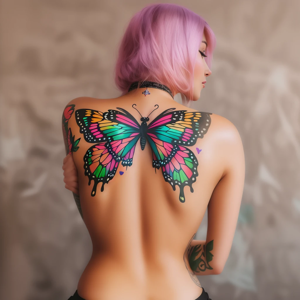 A woman has a colorful butterfly tattoo on her back