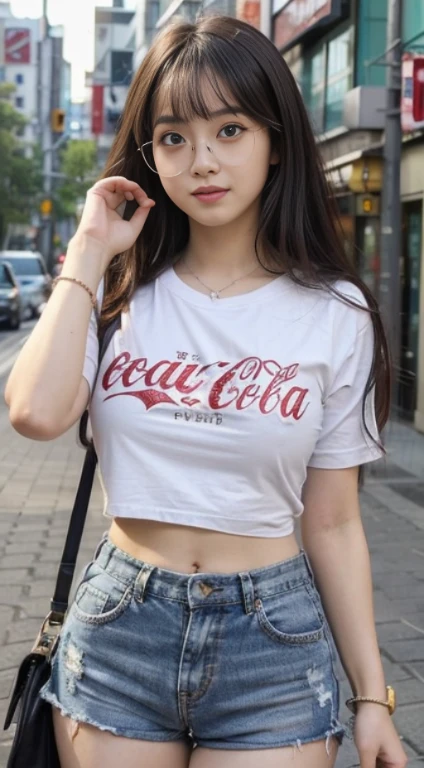 ((bestquality, 10, masterpiece: 1.3)), Fat Body Beauty: 1.4, Chinese Beauty, busty: 1.6, Rounded thighs: 1.6, long-haired, Highly detailed face and skin texture, delicate eyes, 二重まぶた, round face, thin lips, smile, Rich shape, Fair-skinned, (t-shirt, short pants: 1.6), standing pose, round glasses, In landscape background, in a mobile can of Coca-Cola soft drinks., (environment, in the city,Tokyo Metropolitan Area,japan,),