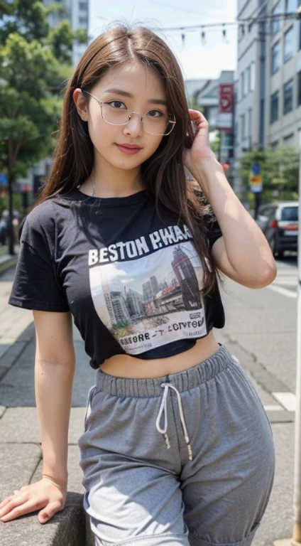 ((bestquality, 10, masterpiece: 1.3)), Fat Body Beauty: 1.4, Chinese Beauty, busty: 1.6, Rounded thighs: 1.6, long-haired, Highly detailed face and skin texture, delicate eyes, 二重まぶた, round face, thin lips, smile, Rich shape, Fair-skinned, (t-shirt,In the background of the shirt there is a message..."Chiang Mai", short pants, trousers: 1.6), standing pose, Sitting posture, round glasses, (environment, in the city,Tokyo Metropolitan Area,japan,),