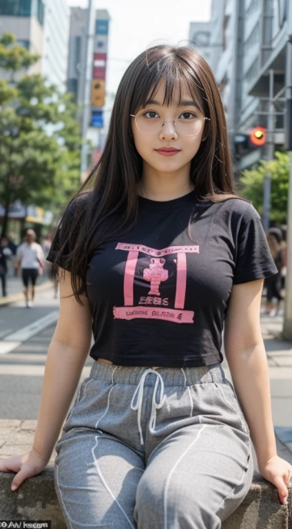((bestquality, 10, masterpiece: 1.3)), Fat Body Beauty: 1.4, Chinese Beauty, busty: 1.6, Rounded thighs: 1.6, long-haired, Highly detailed face and skin texture, delicate eyes, 二重まぶた, round face, thin lips, smile, Rich shape, Fair-skinned, (t-shirt,In the background of the shirt there is a message..."Chiang Mai", short pants, trousers: 1.6), standing pose, Sitting posture, round glasses, (environment, in the city,Tokyo Metropolitan Area,japan,),