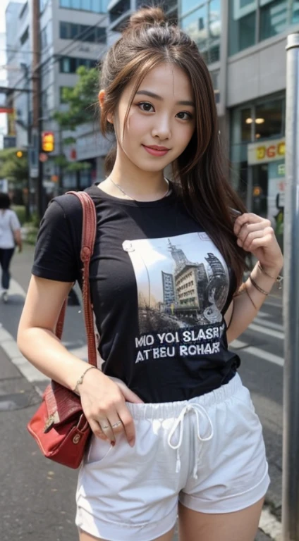 ((bestquality, 10, masterpiece: 1.3)), Fat Body Beauty: 1.4, Chinese Beauty, busty: 1.6, Rounded thighs: 1.6, long-haired, Highly detailed face and skin texture, delicate eyes, 二重まぶた, round face, thin lips, smile, Rich shape, Fair-skinned, (t-shirt,In the background of the shirt there is a message...."Chiang Mai", short pants, trousers: 1.6), standing pose, Sitting posture, round glasses, (environment, in the city,Tokyo Metropolitan Area,japan,),