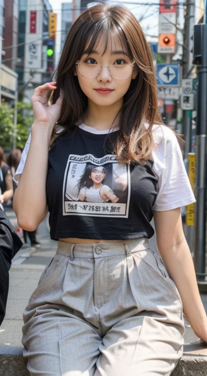 ((bestquality, 10, masterpiece: 1.3)), Fat Body Beauty: 1.4, Chinese Beauty, busty: 1.6, Rounded thighs: 1.6, long-haired, Highly detailed face and skin texture, delicate eyes, 二重まぶた, round face, thin lips, smile, Rich shape, Fair-skinned, (T-shirts with a message"Chiang Mai", short pants, trousers: 1.6), standing pose, Sitting posture, round glasses, (environment, in the city,Tokyo Metropolitan Area,japan,),