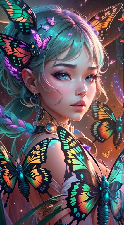 (masterpiece, top quality, best quality, official art, beautiful, cosmic, atmospheric, psychedelic, dreamlike and aesthetic:1.2), (1girl, blonde hair, tons of tattoos and piercings), extreme detailed,(fractal art:1.3),colorful,highest detailed, cherry blossoms and butterflies blowing in the wind 