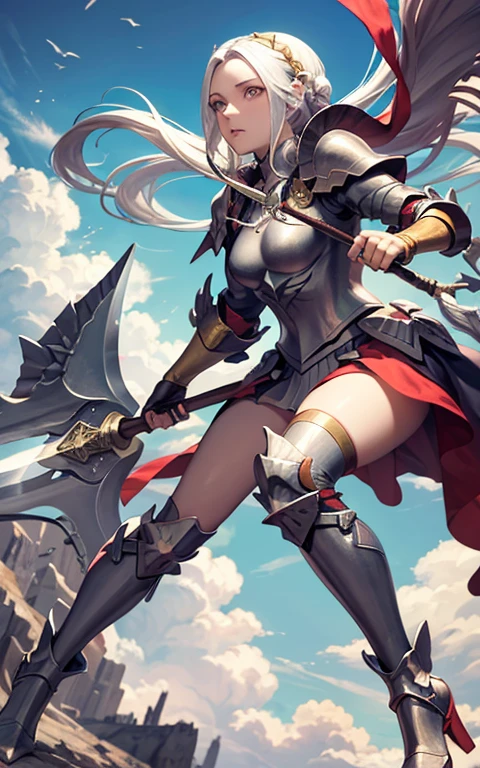 Edelgard in full decorative armor flying through a blue sky with axe held across body, preparing to slash, surreal background