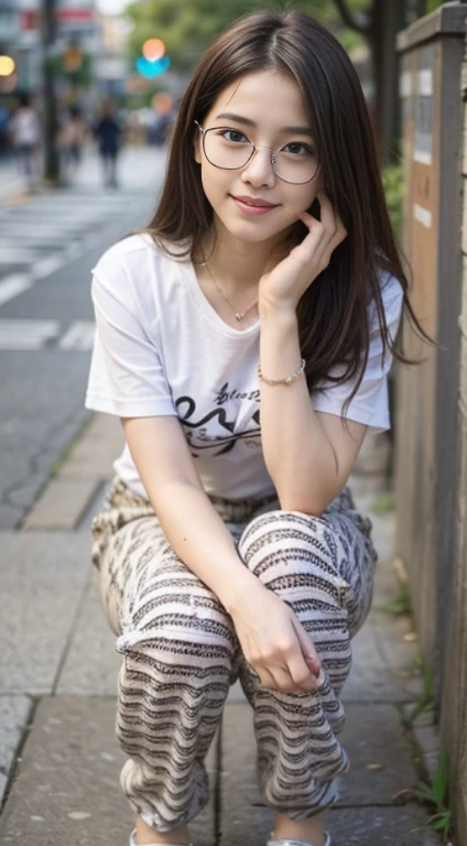 ((bestquality, 10, masterpiece: 1.3)), Fat Body Beauty: 1.4, Chinese Beauty, busty: 1.6, Rounded thighs: 1.6, long-haired, Highly detailed face and skin texture, delicate eyes, 二重まぶた, round face, thin lips, smile, Rich shape, Fair-skinned, (T-shirt with message"Chiang Mai", short pants, trousers: 1.6), standing pose, Sitting posture, round glasses, (environment, in the city,Tokyo Metropolitan Area,japan,),